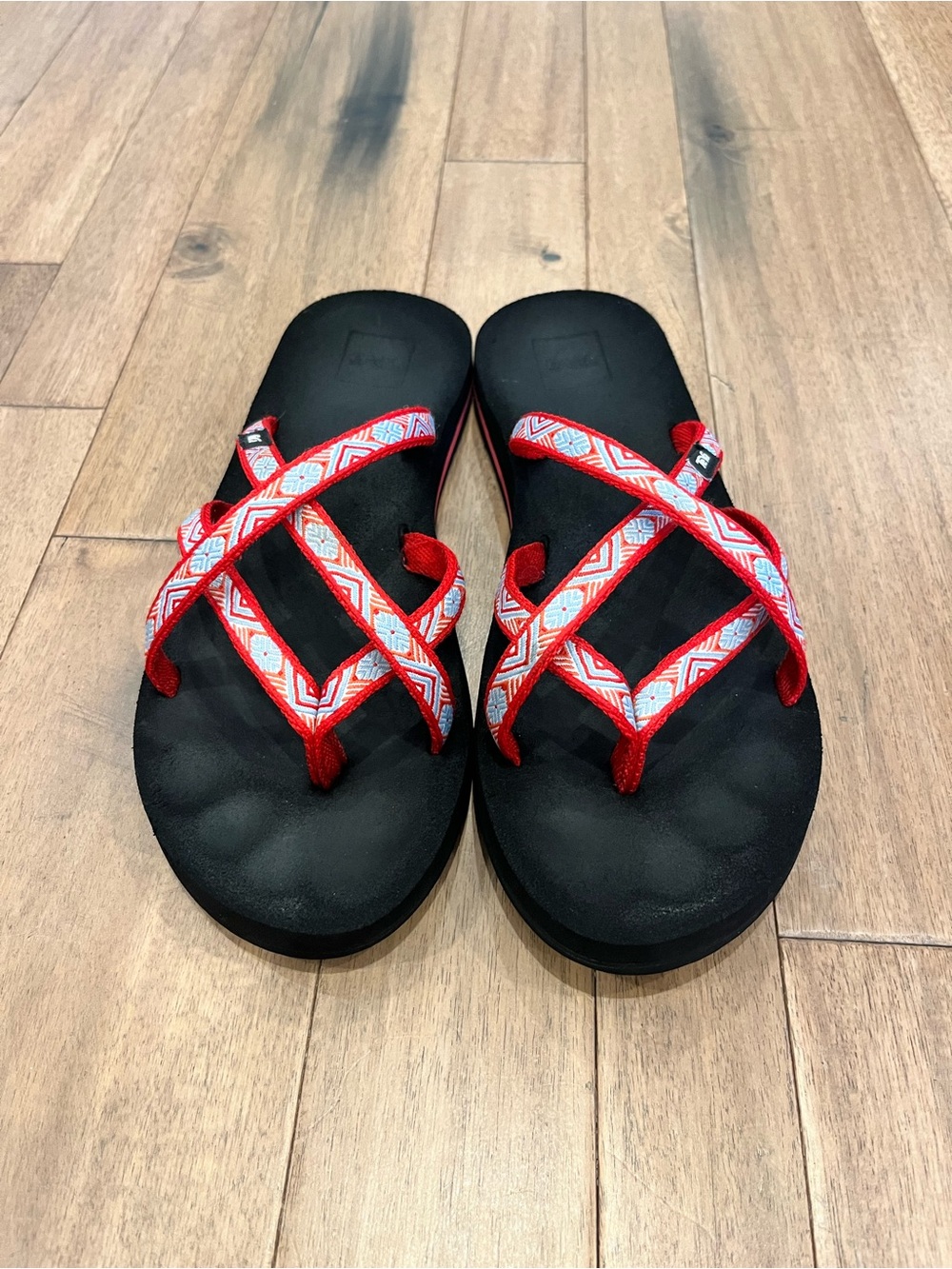 Women’s Teva Red Patterned Strap Black Footbed Sandals